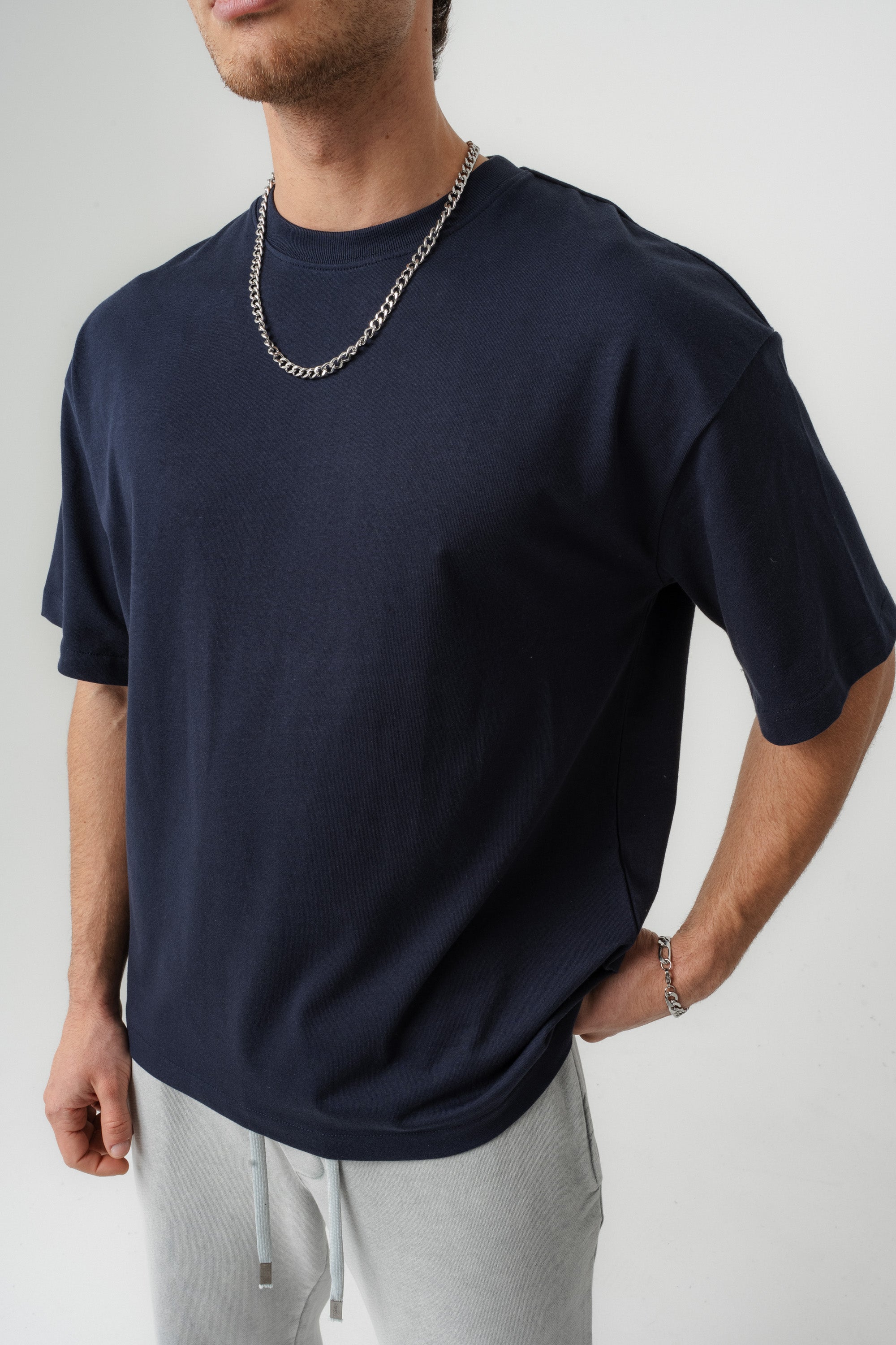 BORZ Oversize Kalıp Basic T-shirt - Lacivert-7