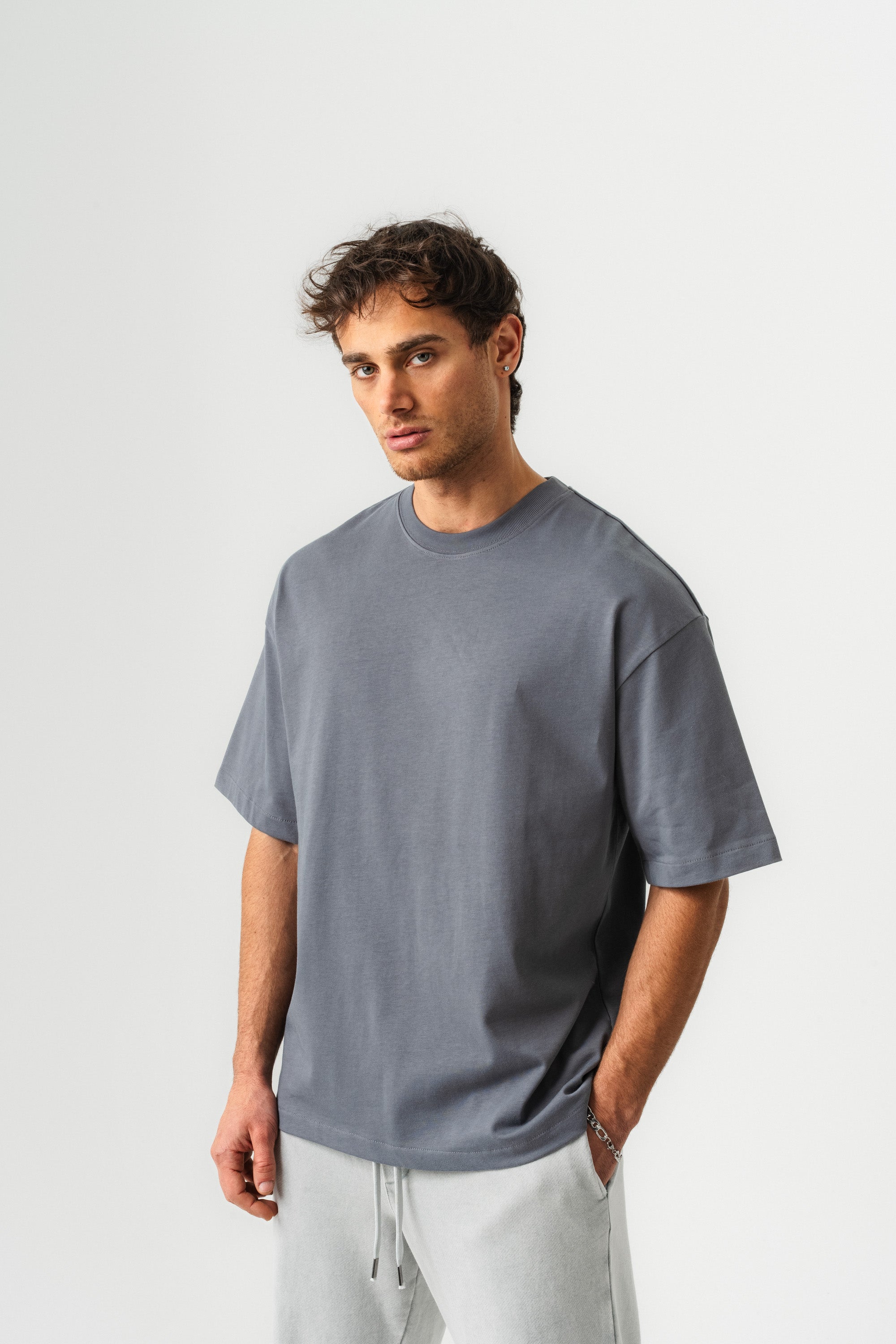 BORZ Oversize Kalıp Basic T-shirt - Grafit-2