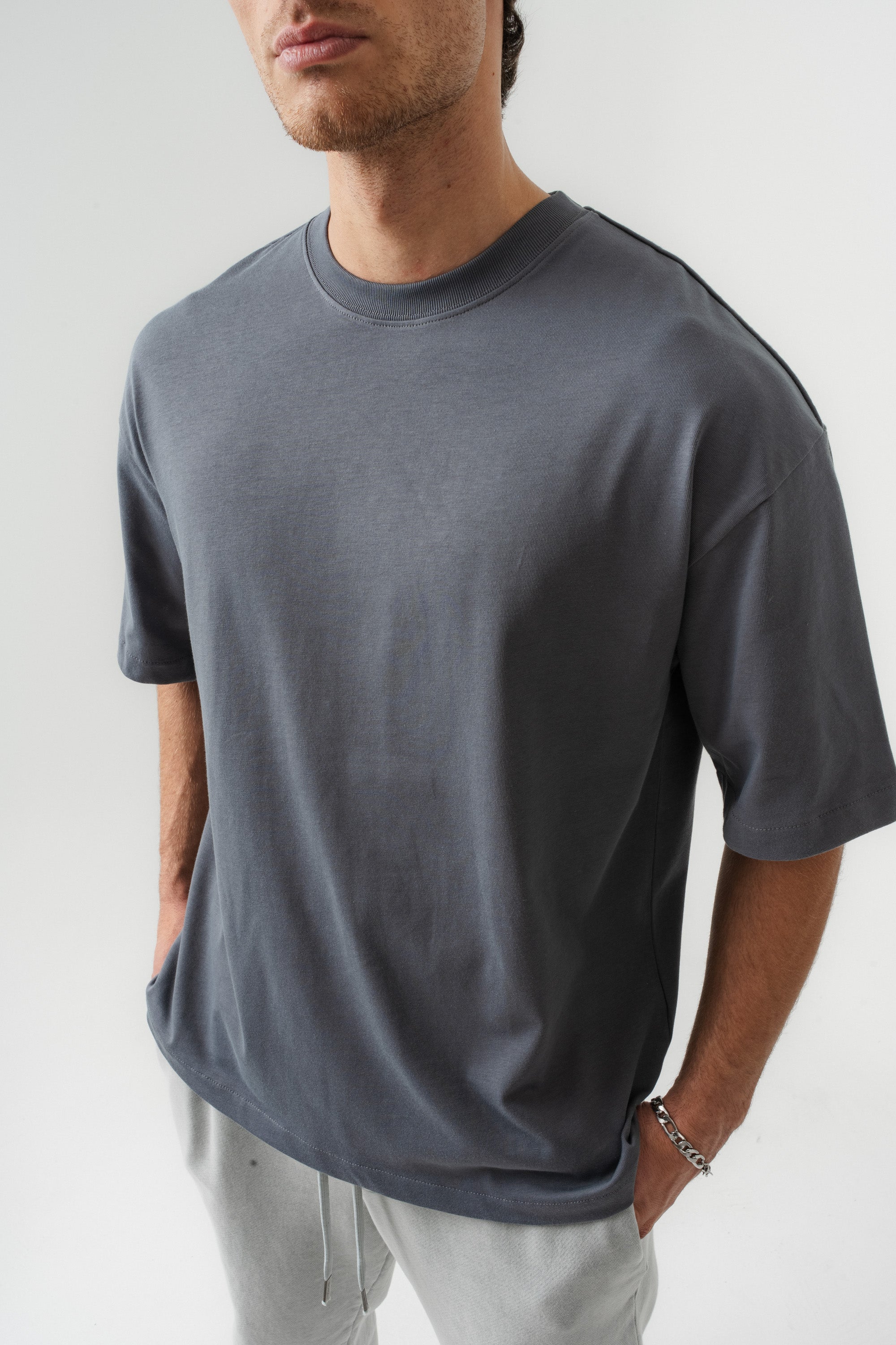 BORZ Oversize Kalıp Basic T-shirt - Grafit-5